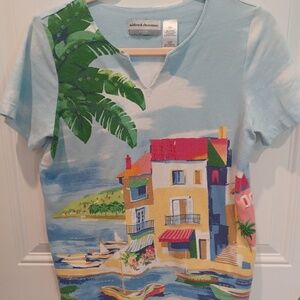 ALFRED DUNNER PETITE SMALL EMBELLISHED COTTON TROPICAL SUMMER TOP!